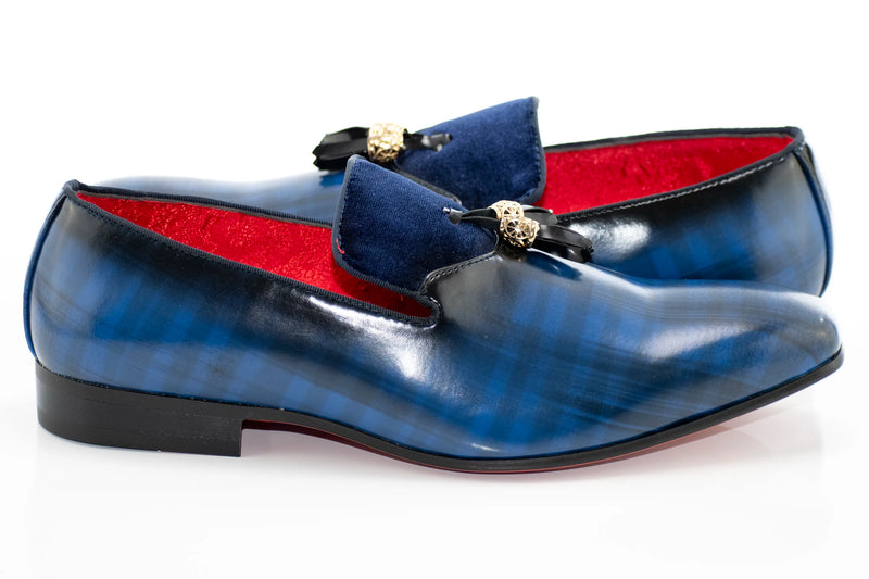 Navy Blue Leather and Velvet Tassel Loafer