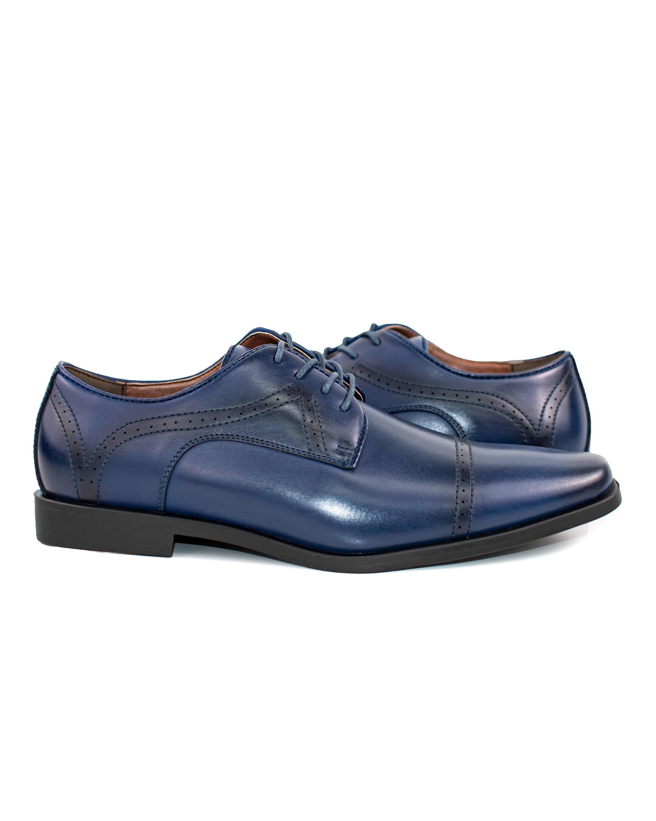Blue Perforated Cap-Toe Derby Lace-Ups | Outside View| Dolce Vesta