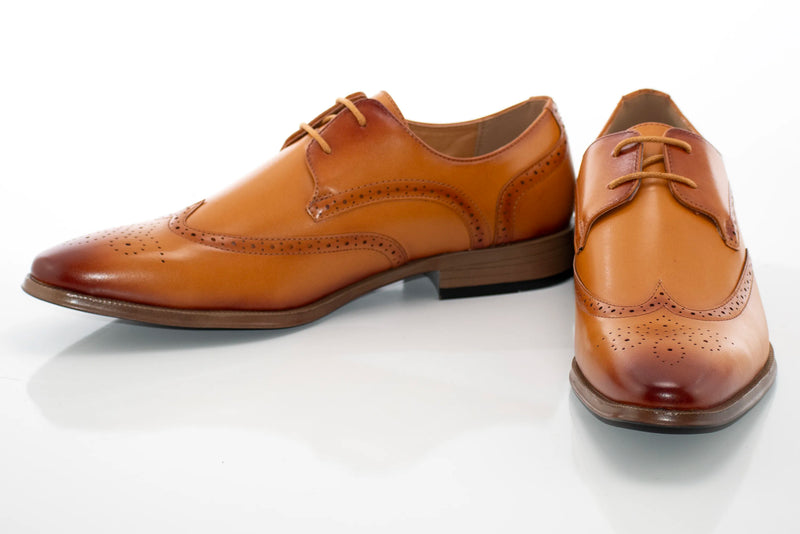 Tan and Burgundy Leather Wingtip Derby Lace-Up