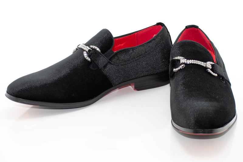 Men's Black Velvet Rhinestone-Bit Dress Loafer