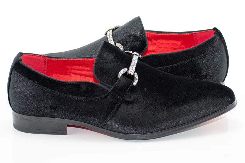 Men's Black Velvet Rhinestone-Bit Dress Loafer