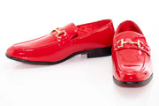 Red Patent Leather with Gold Snaffle Slip-On Loafers