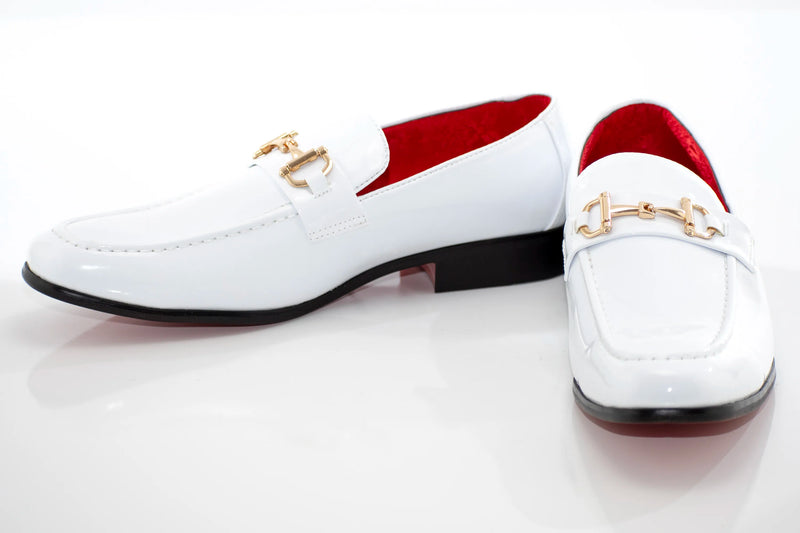 White Patent Leather with Gold Snaffle Slip-On Loafers