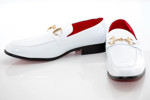 White Patent Leather with Gold Snaffle Slip-On Loafers