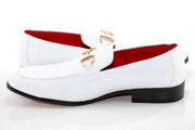 White Patent Leather with Gold Snaffle Slip-On Loafers