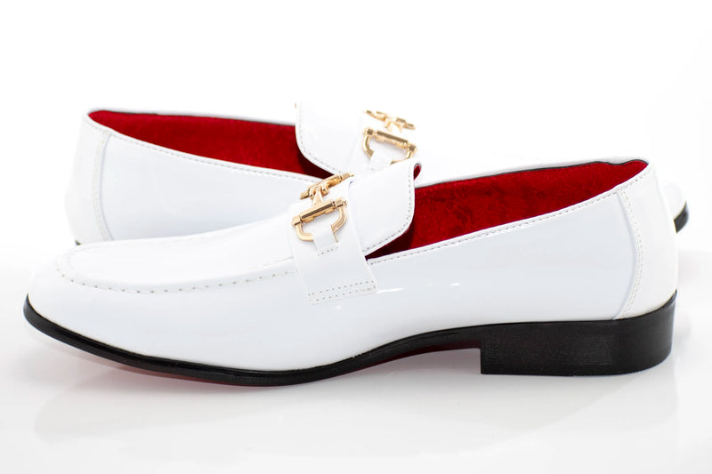 White Patent Leather with Gold Snaffle Slip-On Loafers