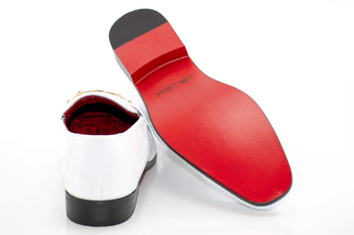 White Patent Leather with Gold Snaffle Slip-On Loafers