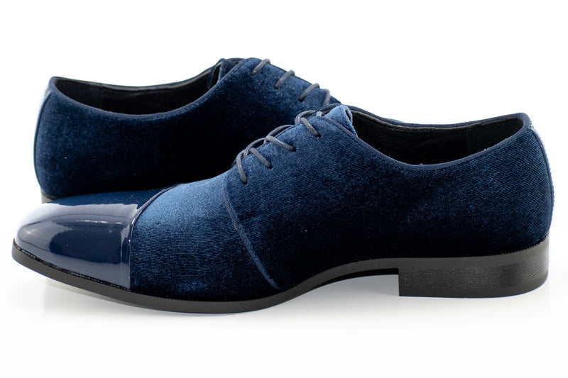 Navy Blue Velvet and Patent Leather Lace-Up