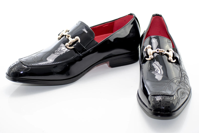 Floral Engraved Patent Leather Bit Loafers