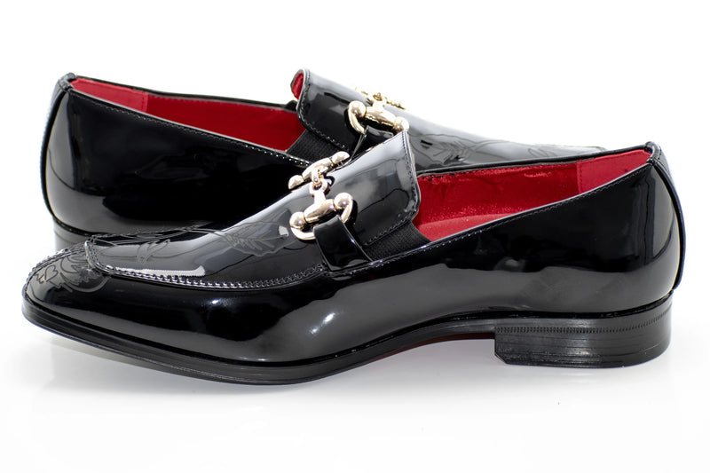 Floral Engraved Patent Leather Bit Loafers