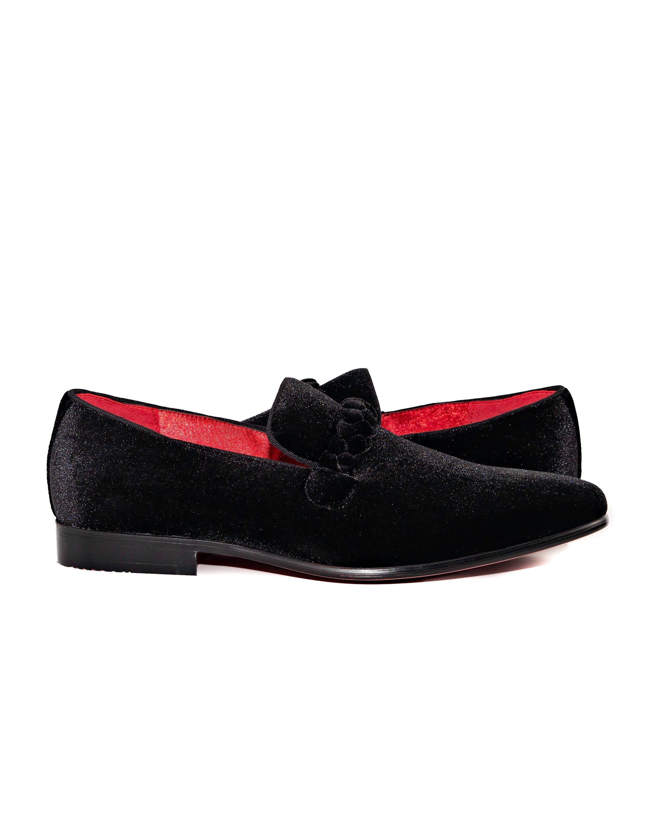 Black Velvet Loafers with Braided Strap Shoes | Outside View | Dolce Vesta