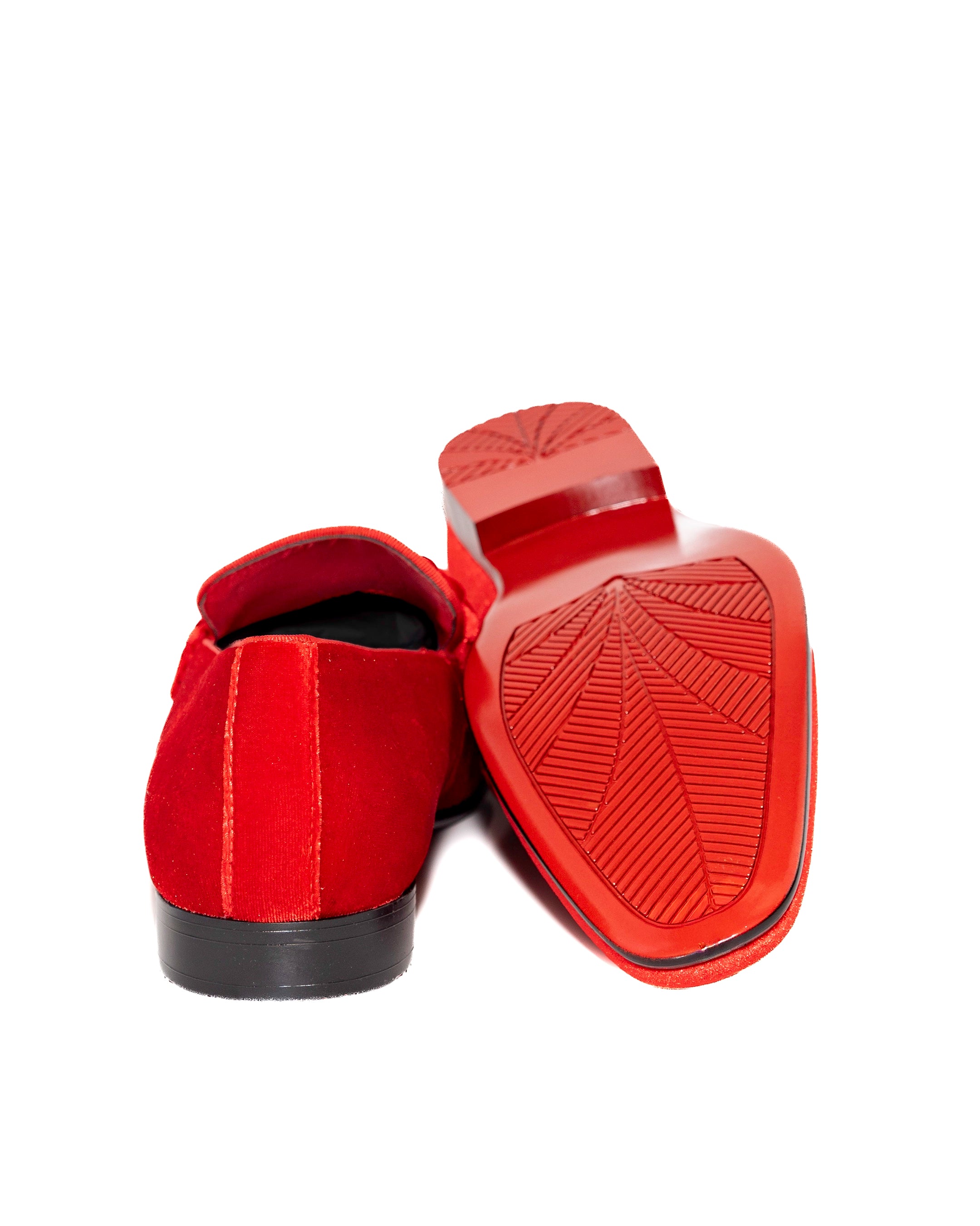 Fire Red Velvet Loafers with Braided Strap Shoes | Bottoms View | Dolce Vesta