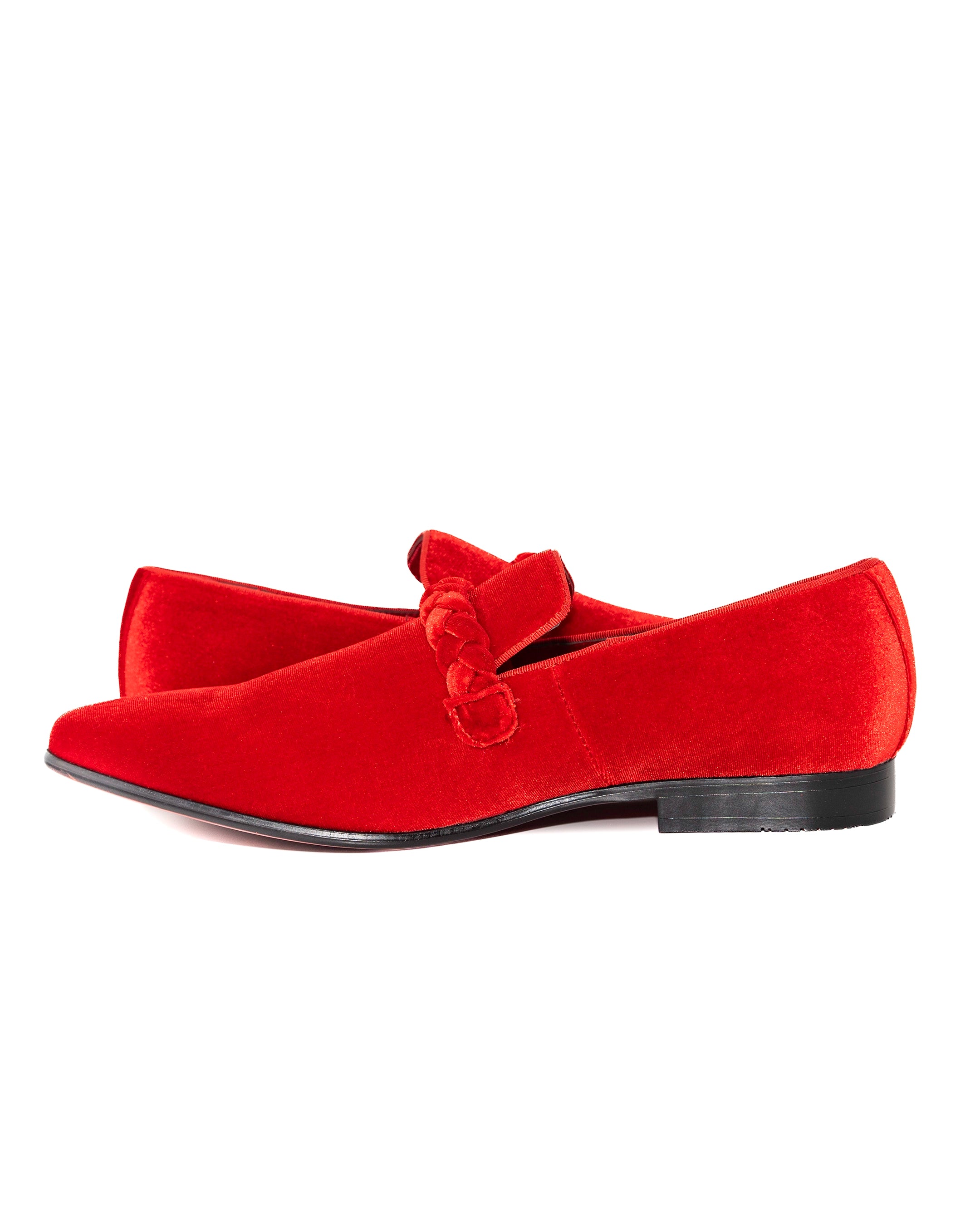 Fire Red Velvet Loafers with Braided Strap Shoes | Inside View | Dolce Vesta