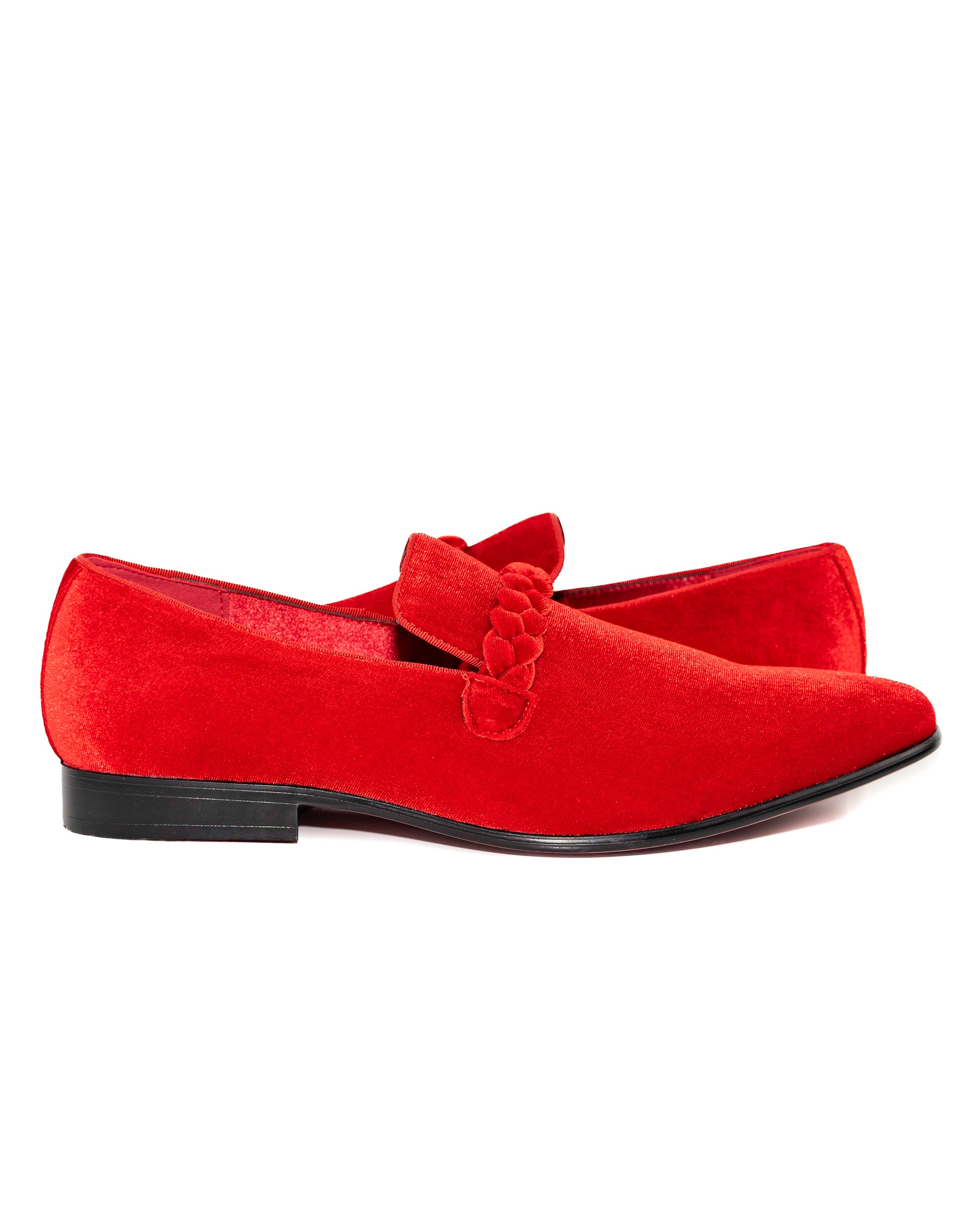 Fire Red Velvet Loafers with Braided Strap Shoes | Outside View | Dolce Vesta