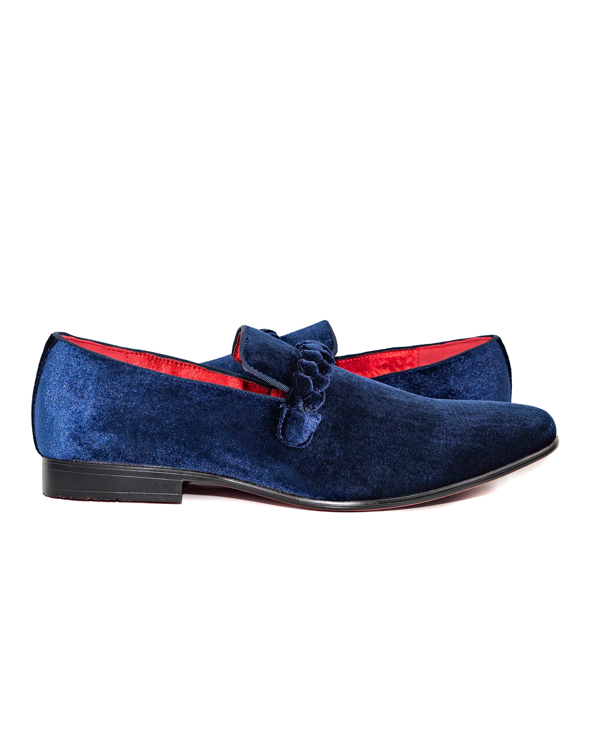 Navy Velvet Loafers with Braided Strap Shoes | Outside View | Dolce Vesta