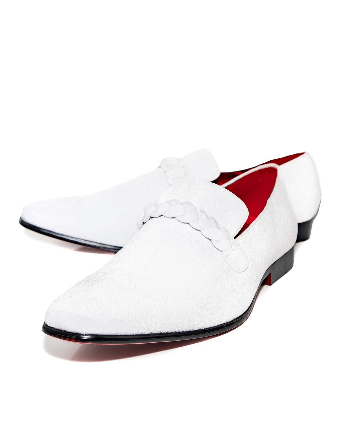 White Velvet Loafers with Braided Strap Shoes | Front View | Dolce Vesta