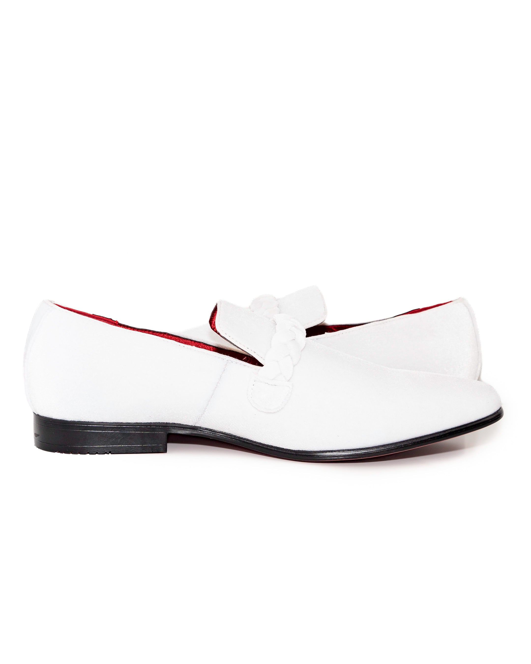 White Velvet Loafers with Braided Strap Shoes | Outside View | Dolce Vesta