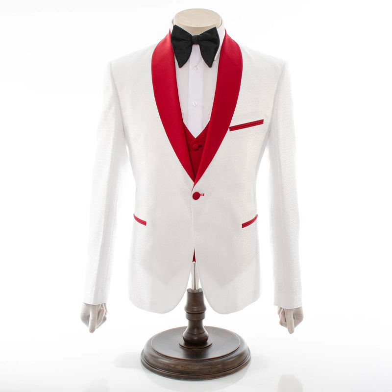 White And Burgundy Filigree 3-Piece Slim-Fit Tuxedo