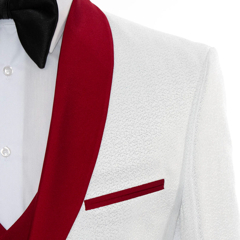 White And Burgundy Filigree 3-Piece Slim-Fit Tuxedo