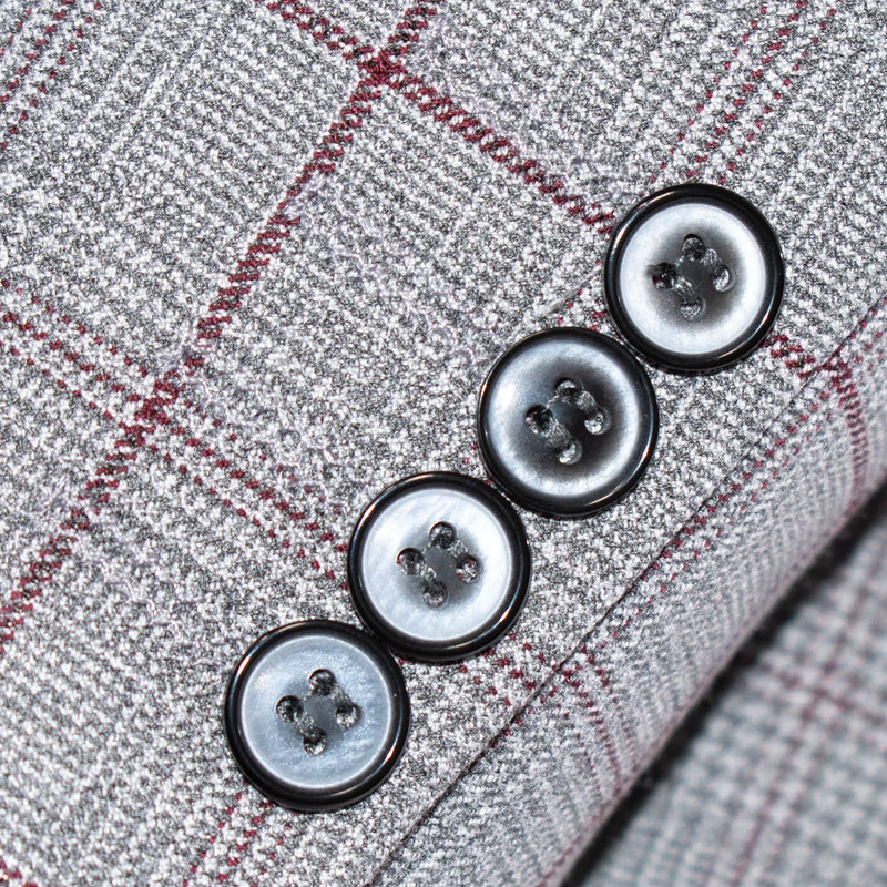 Gray and Burgundy Windowpane 3-Piece Tailored-Fit Suit
