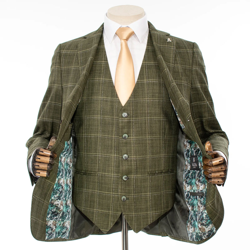 Olive Green Windowpane 3-Piece Tailored-Fit Suit