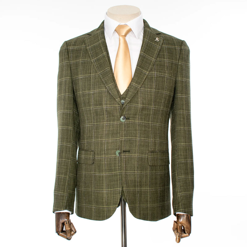 Olive Green Windowpane 3-Piece Tailored-Fit Suit