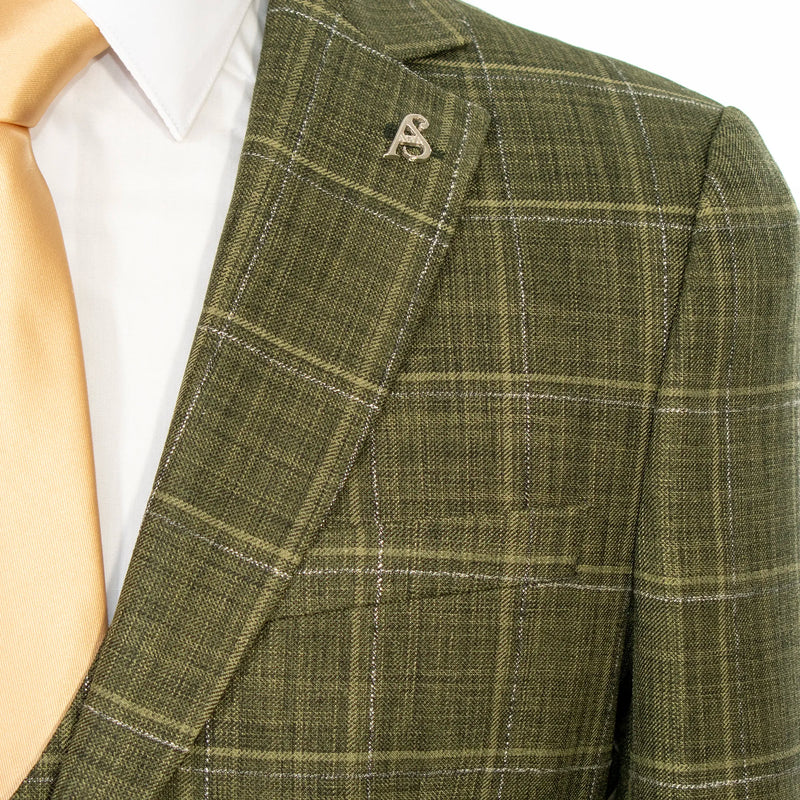 Olive Green Windowpane 3-Piece Tailored-Fit Suit