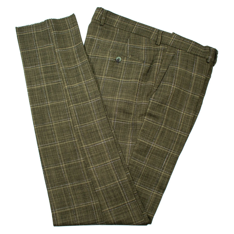 Olive Green Windowpane 3-Piece Tailored-Fit Suit
