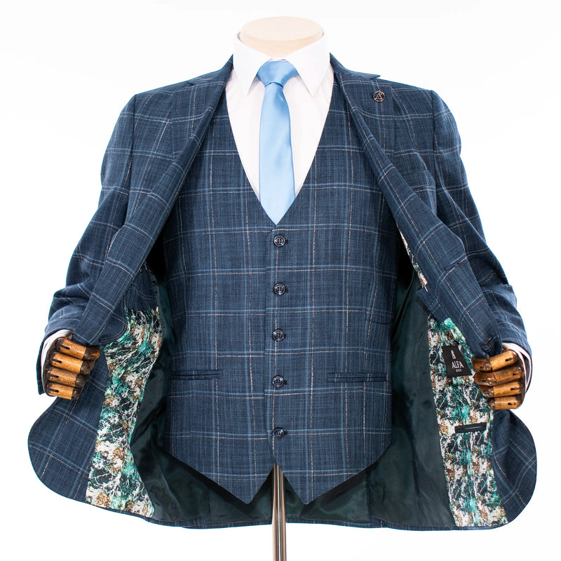 Dark Blue Plaid 3-Piece Tailored-Fit Suit