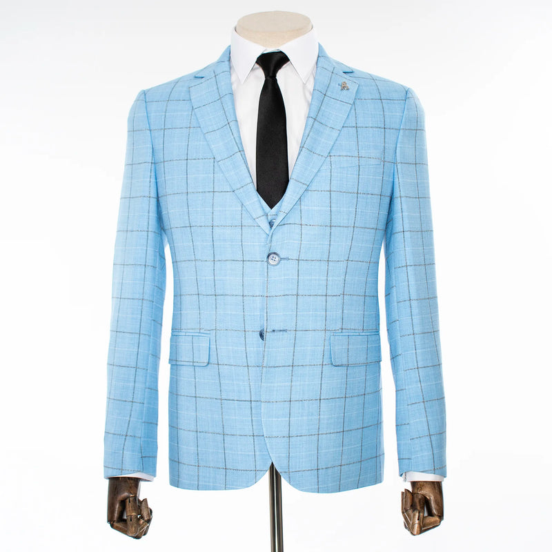 Sky Blue Windowpane 3-Piece Tailored-Fit Suit