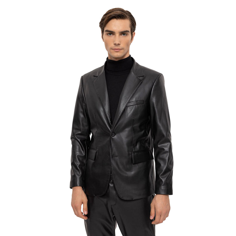 Men's Black Slim-Fit Leather Blazer Vegan Leather