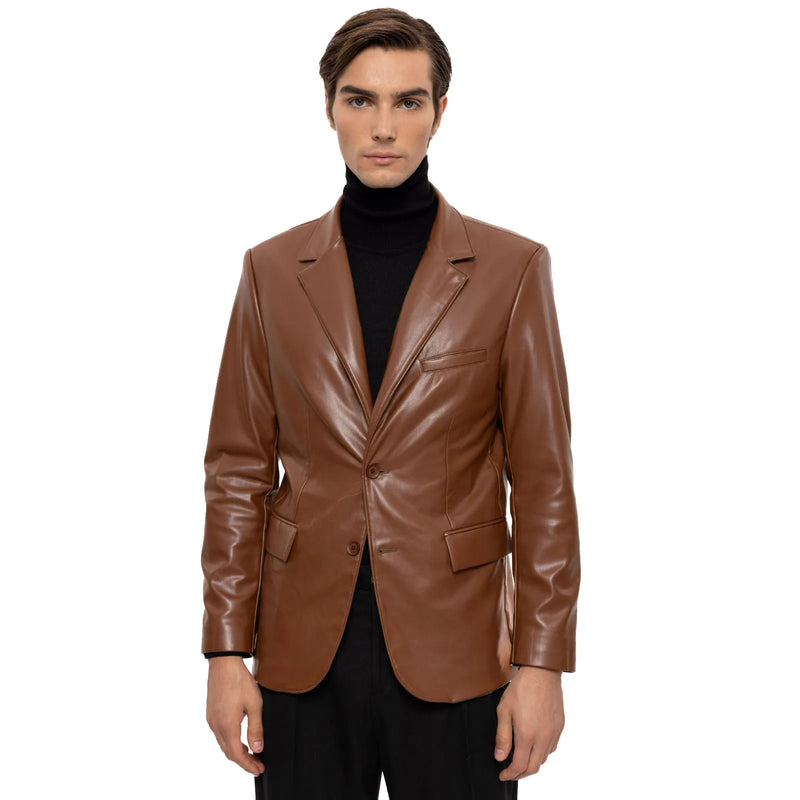 Men's Brown Slim-Fit Leather Blazer Vegan Leather