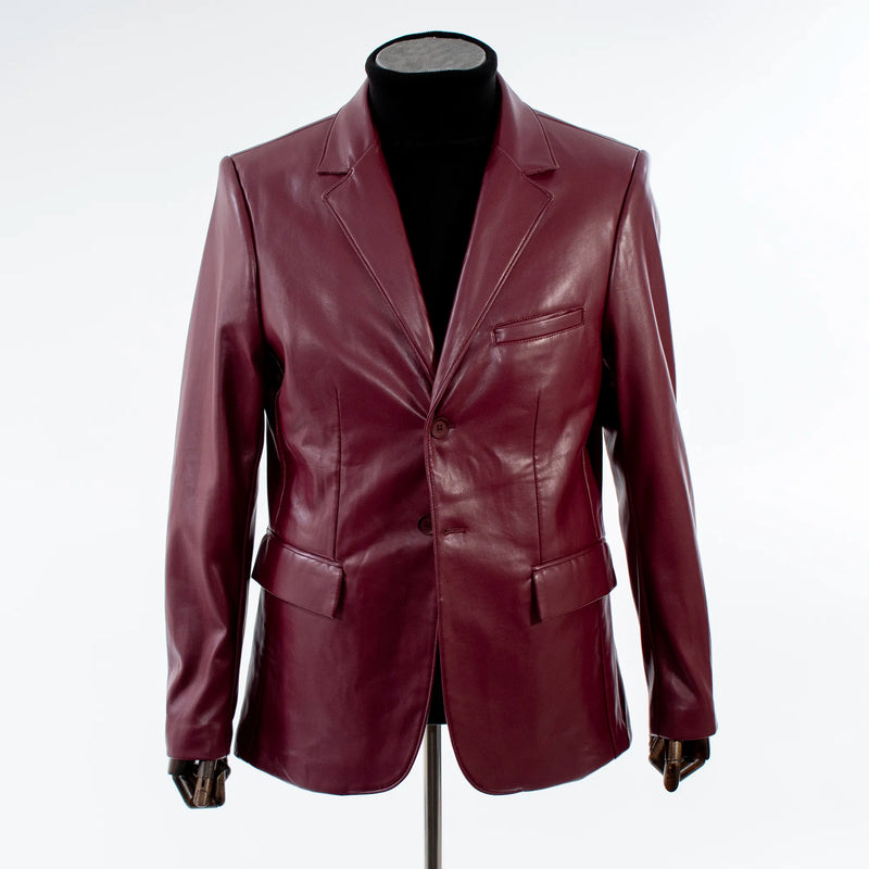 Men's Burgundy Slim-Fit Leather Blazer Vegan Leather