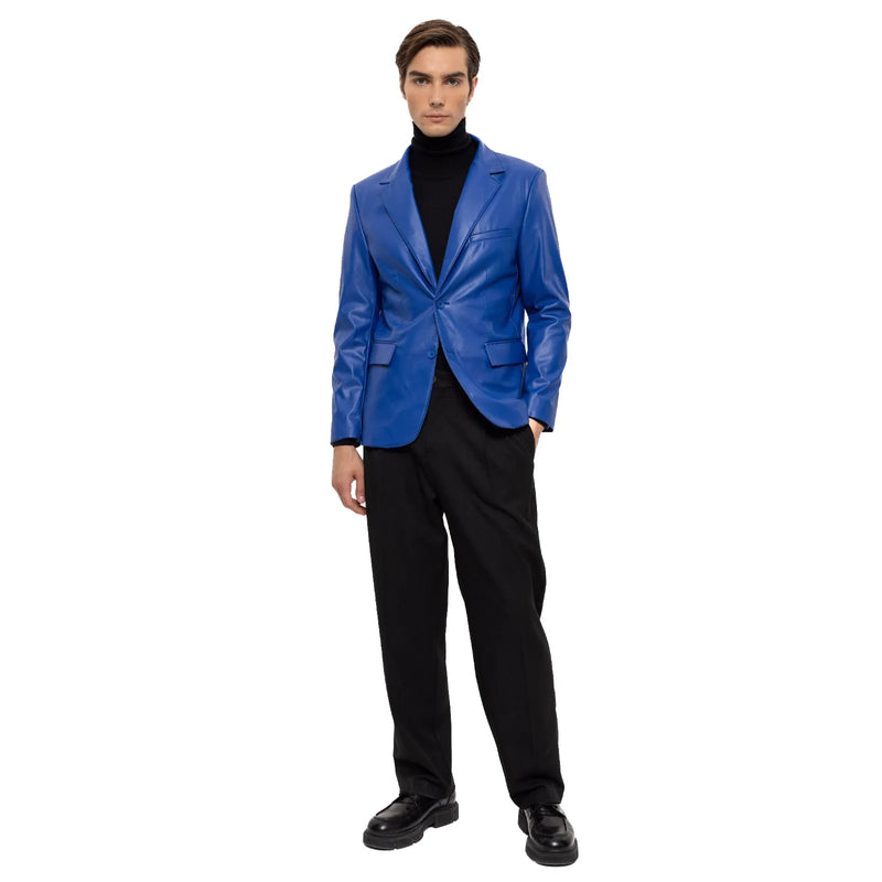 Men's Royal Blue Slim-Fit Leather Blazer Vegan Leather