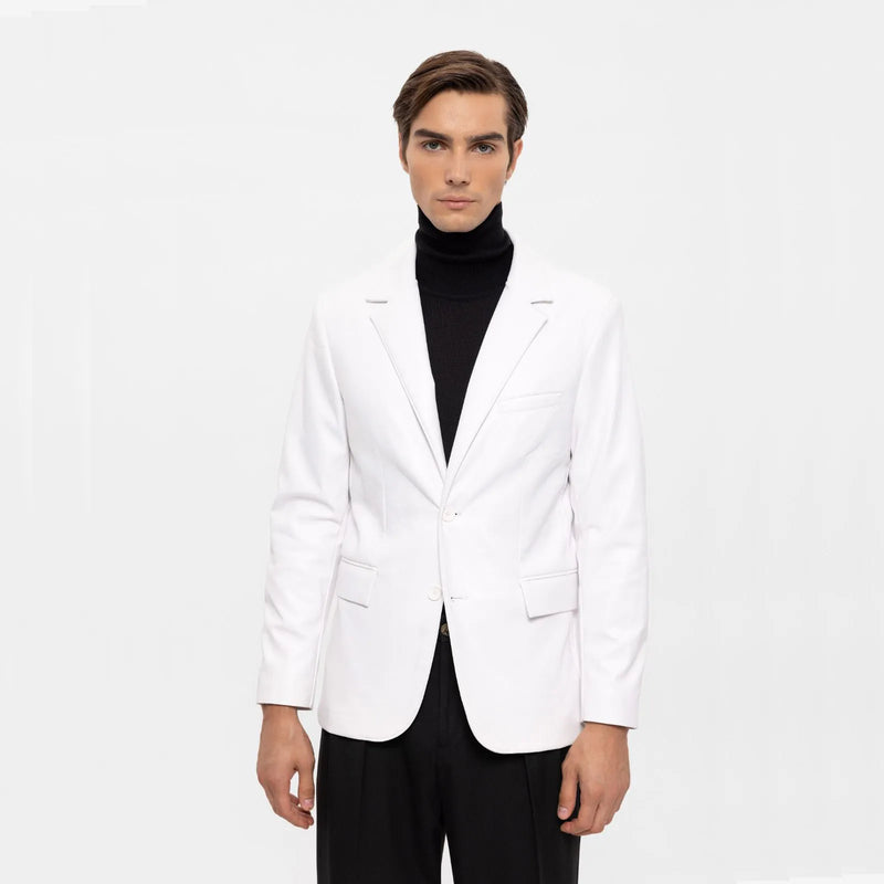Men's White Slim-Fit Leather Blazer Vegan Leather