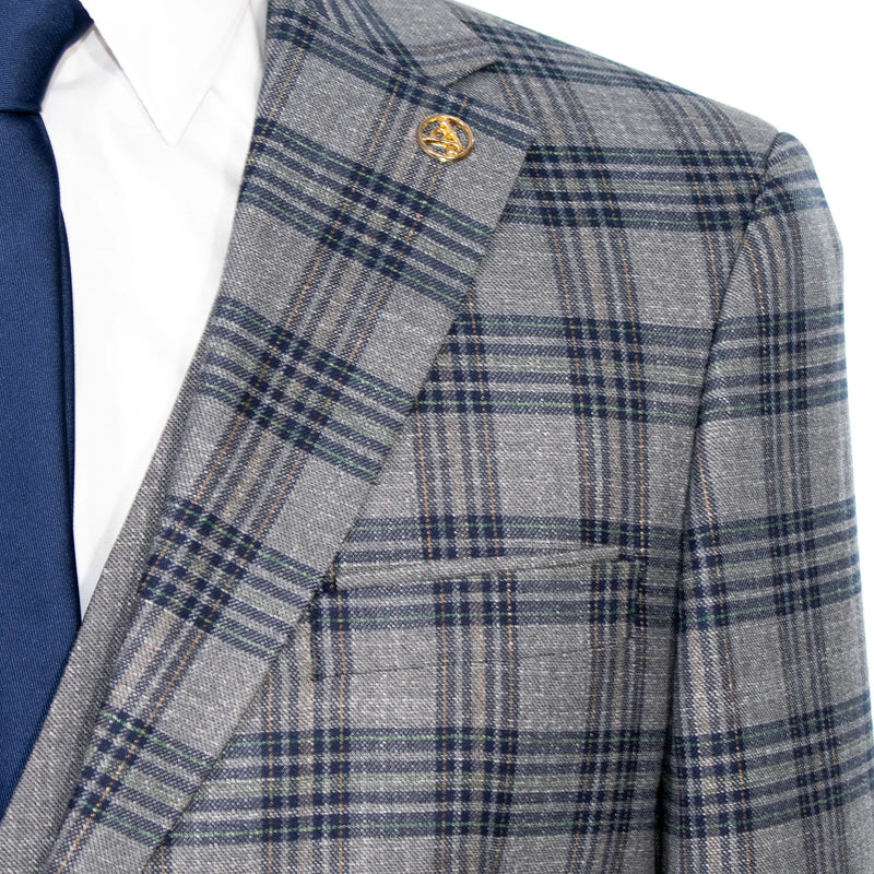 Gray and Blue Plaid 3-Piece Tailored-Fit Suit