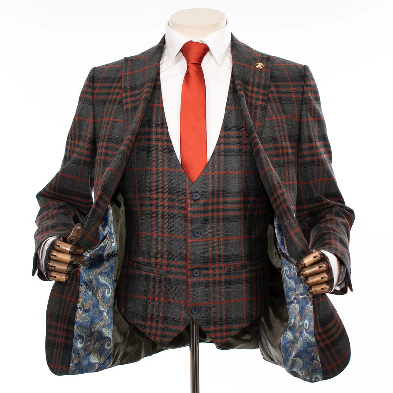 Charcoal and Rust Plaid 3-Piece Tailored-Fit Suit