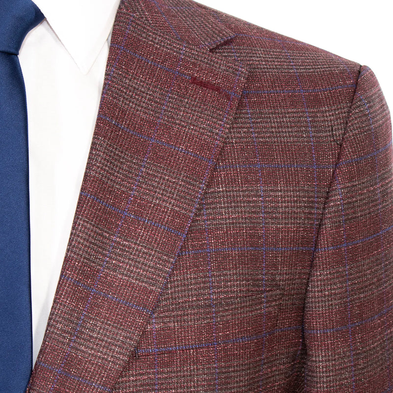 Burgundy Windowpane 3-Piece Tailored-Fit Suit