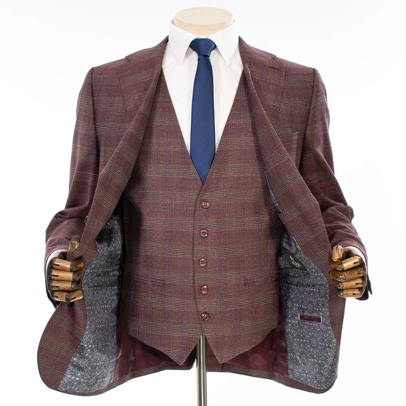Burgundy Windowpane 3-Piece Tailored-Fit Suit