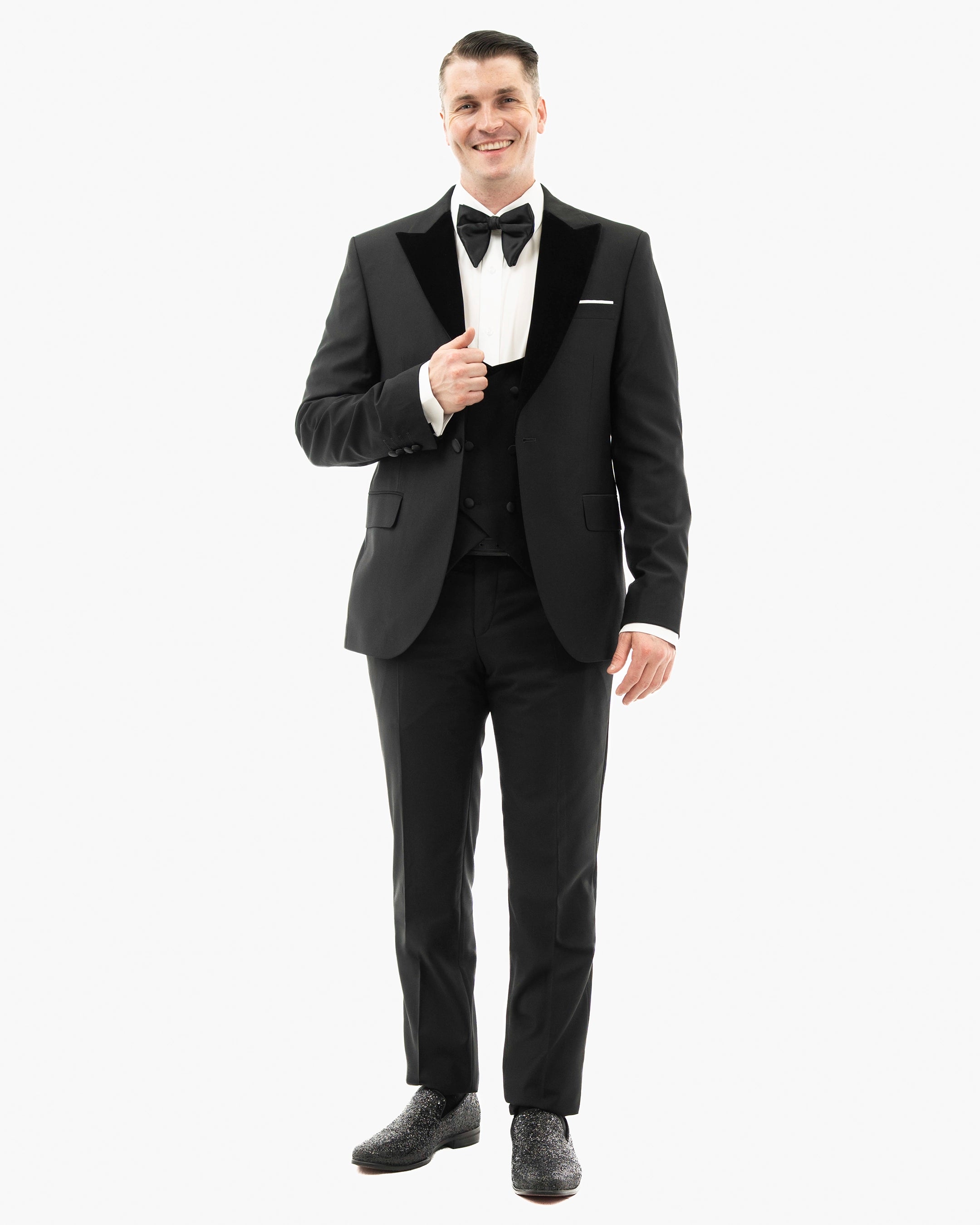 Black With Velvet Peak Lapel 3-Piece Tailored-Fit Tuxedo