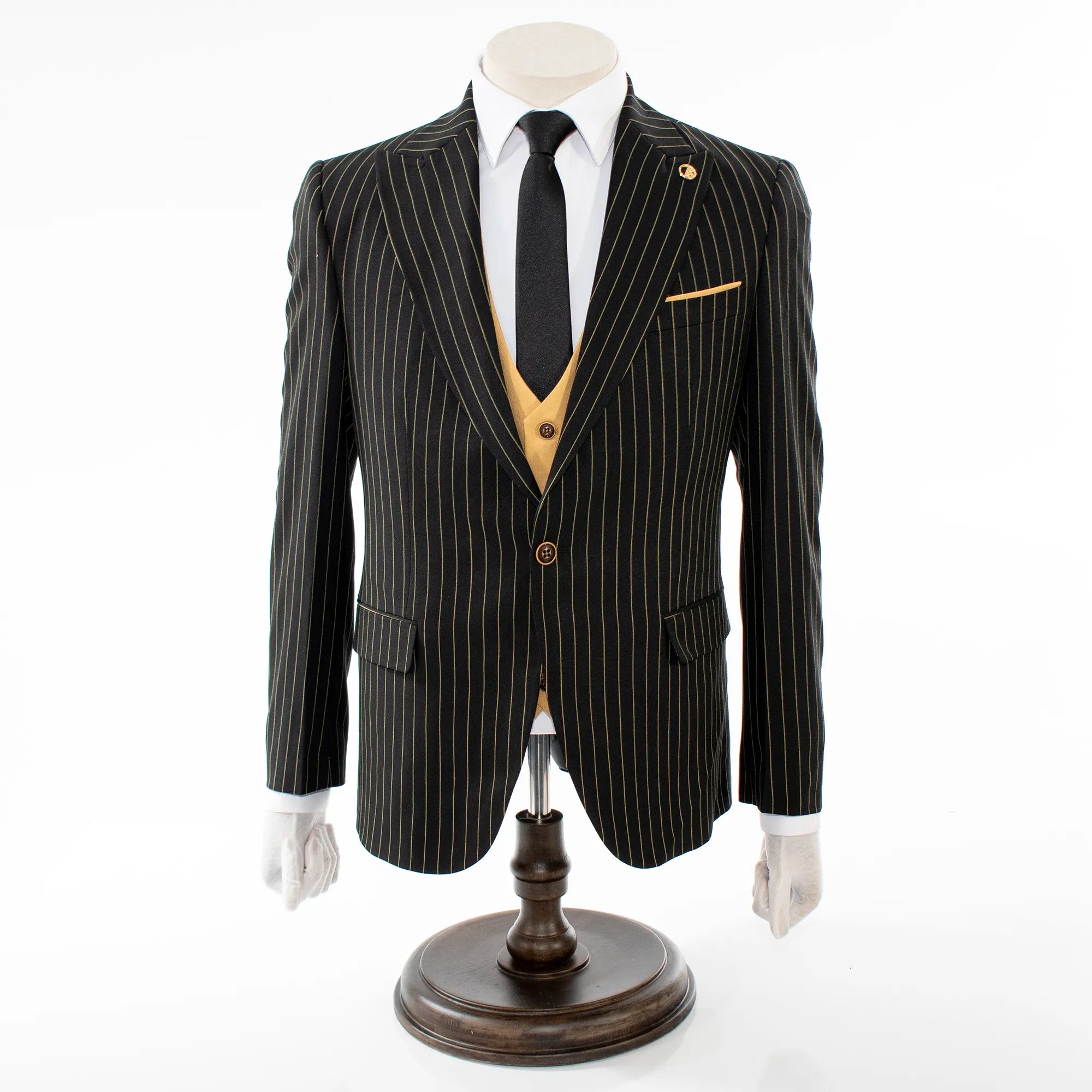 Black with Gold Pinstripe 3-Piece Slim-Fit Suit 54R/48W / Black/Gold Black with Gold Pinstripe 3-Piece Slim-Fit Suit 54R/48W / Black/Gold