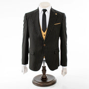 Men's Black with Gold Pinstripe 3-Piece Slim-Fit Suit