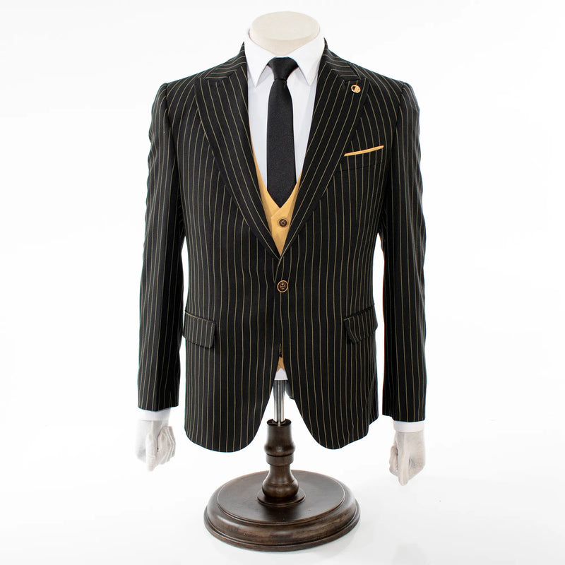 Men's Black with Gold Pinstripe 3-Piece Slim-Fit Suit