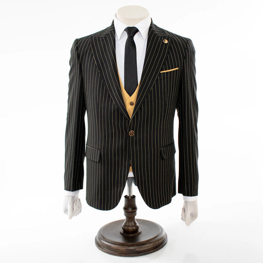 Men's Black with Gold Pinstripe 3-Piece Slim-Fit Suit