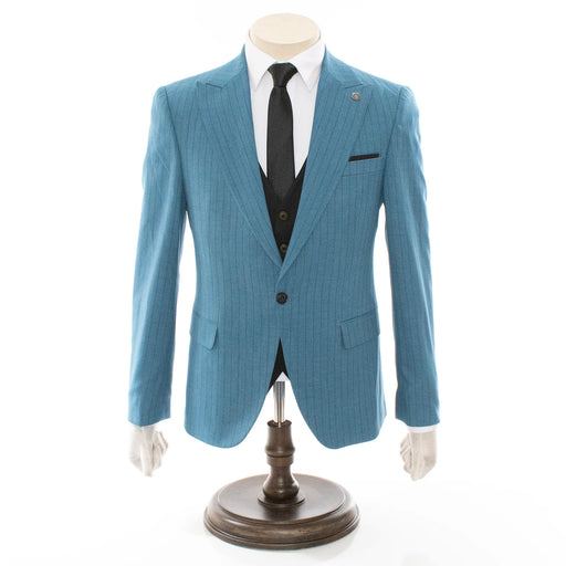 Men's Black And Blue Pinstripe 3-Piece Slim-Fit Suit
