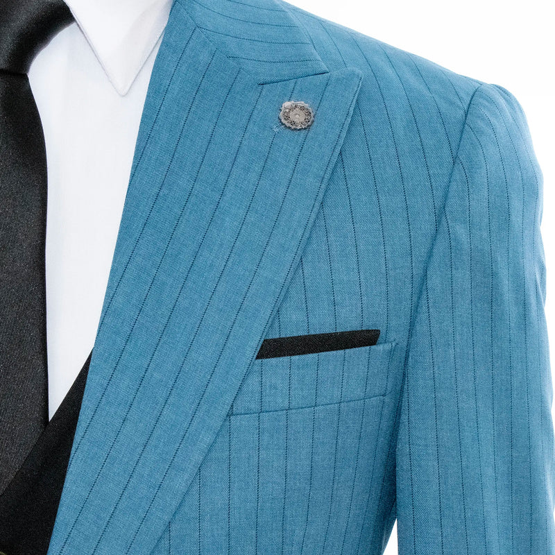 Men's Black And Blue Pinstripe 3-Piece Slim-Fit Suit