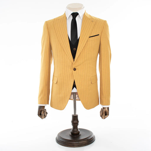 Men's Gold with Black Pinstripe 3-Piece Slim-Fit Suit