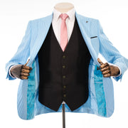 Men's Sky Blue with Black Pinstripe 3-Piece Slim-Fit Suit