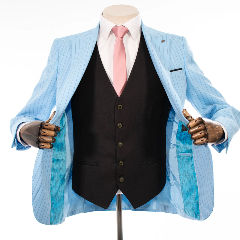Men's Sky Blue with Black Pinstripe 3-Piece Slim-Fit Suit