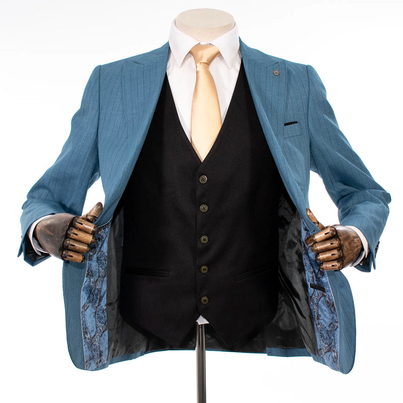 Men's Steel Blue with Black Pinstripe 3-Piece Slim-Fit Suit